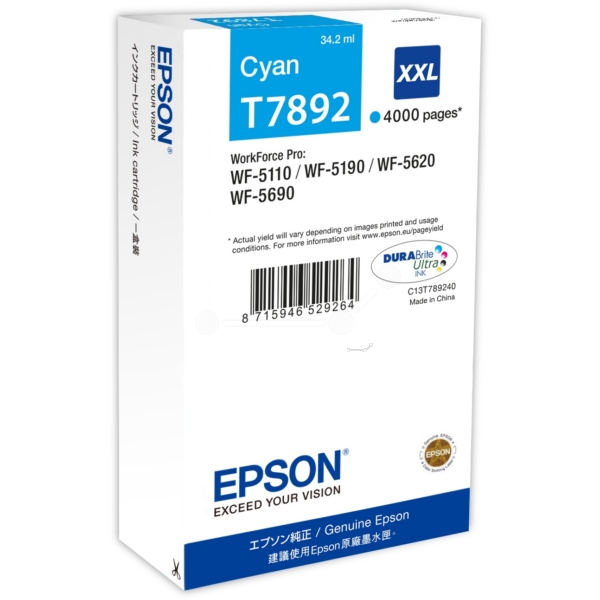 Original Epson C13T789240 / T7892XXL Cartouche d'encre cyan