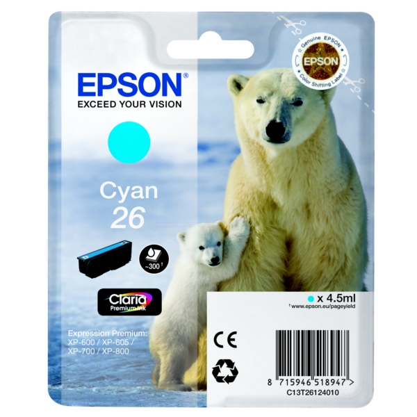 Original Epson C13T26124012 / 26 Cartouche d'encre cyan