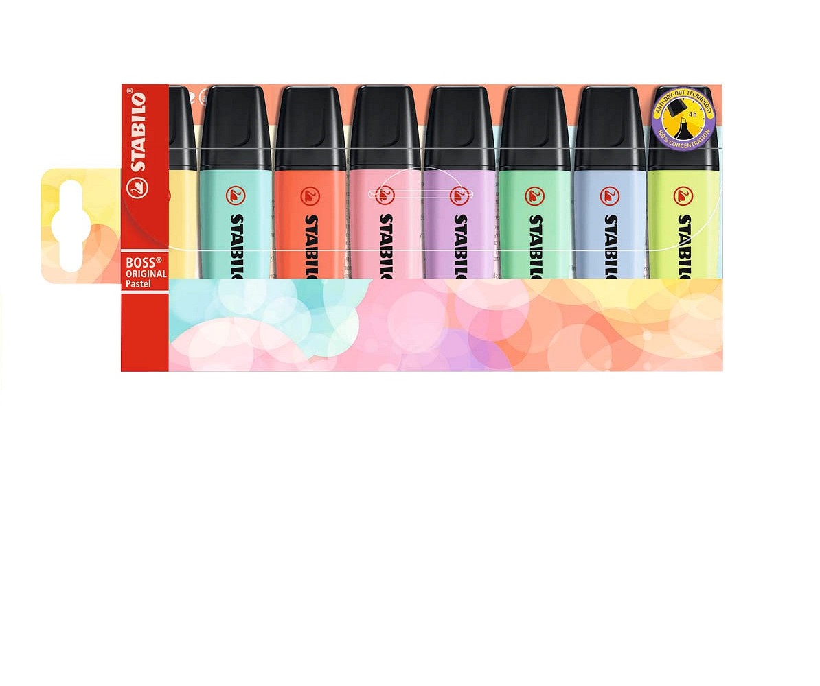 STABILO BOSS ORIGINAL surligneur, paquet de 8, pastel, couleurs assorties, pointe biseautée 2-5mm