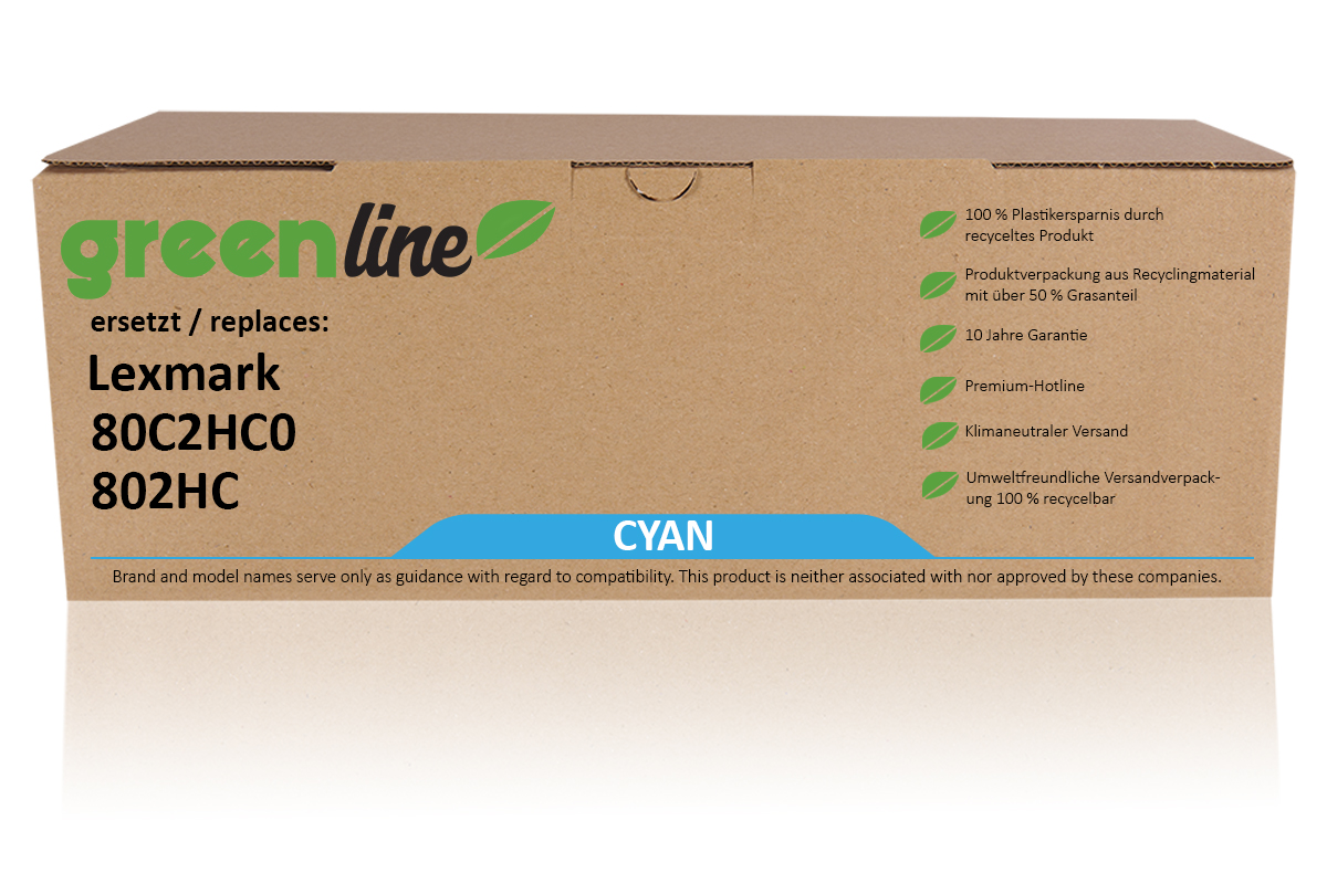 greenline remplace Lexmark 80C2HC0 / 802HC Cartouche toner, cyan